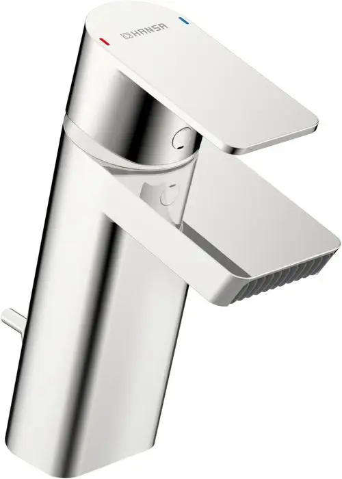 Einhebelmischer in Chrom mit seitlichem Hebel und quadratischer Auslauföffnung. HANSAS Logo sichtbar auf der Oberseite. Ideal für Waschtischmontage.